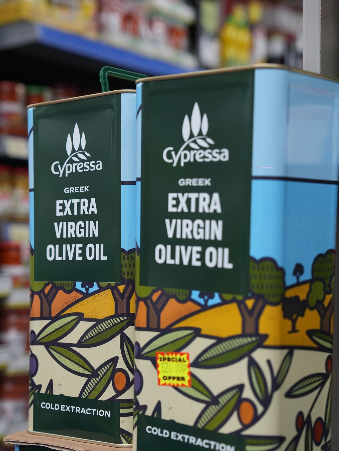Greek extra virgin olive oil in five-litre tins
