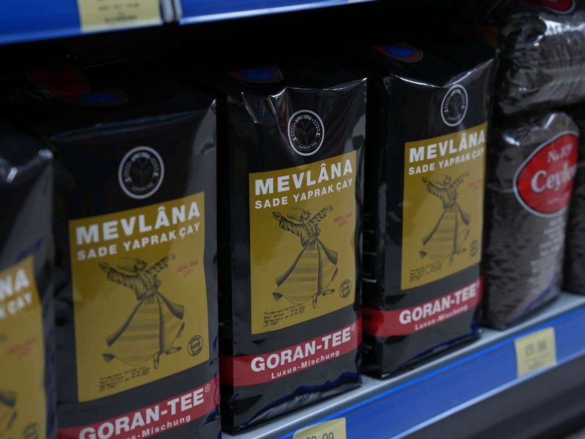 A shelf of Turkish leaf tea at Mega Food Centre, Canons Park