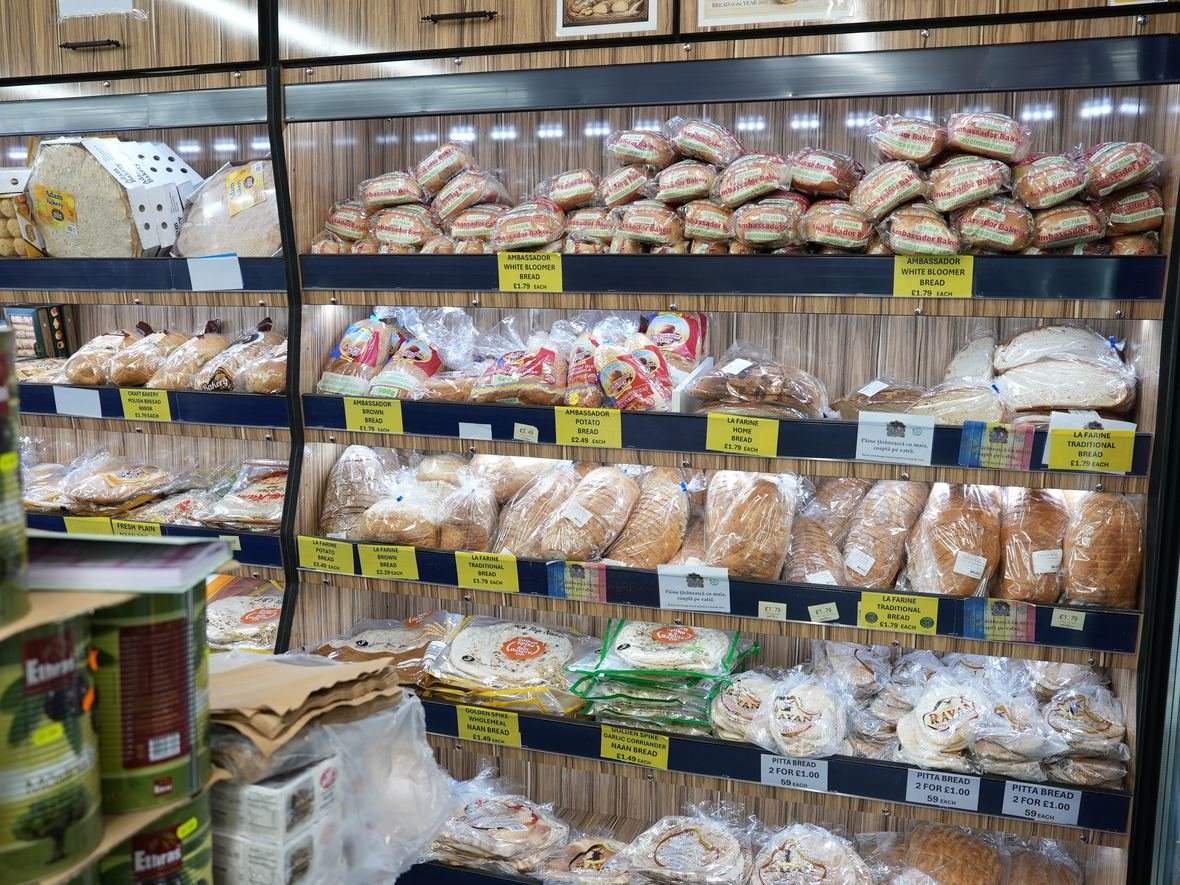 The bread shelves at the Mega Food Centre bakery, Canons Park