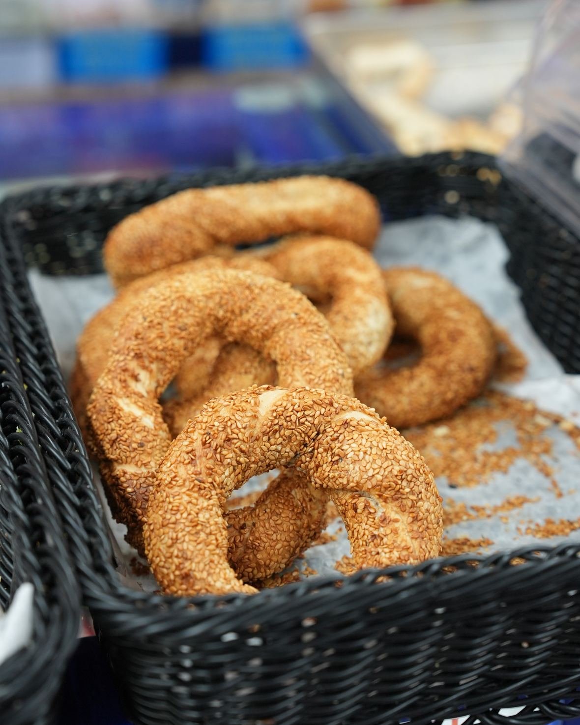 Freshly baked sesame simit in the bakery at Mega Food Centre